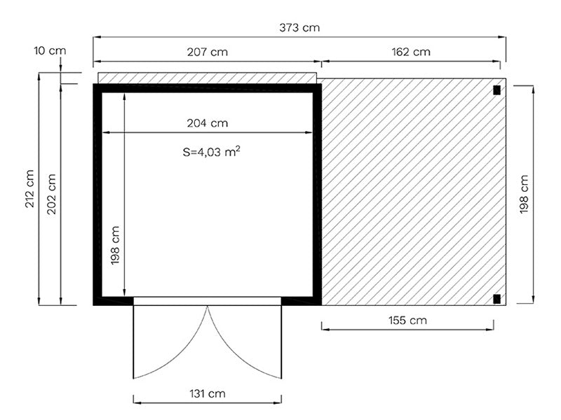 Wooden shed w/overhang, Bertilo Cubico 3Plus, 3.73x2.02x2.08 m, 4.3 m²+1.5 m², Natural