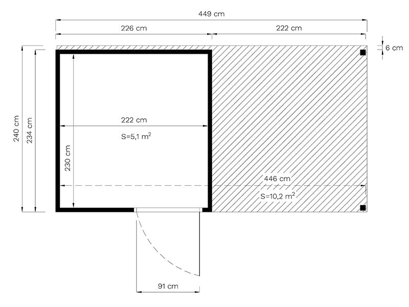 Holzschuppen mit Vordach, Bertilo Cubus 2L, 4,49x2,34x2,32m, 5,1m²+5,15m², Natur