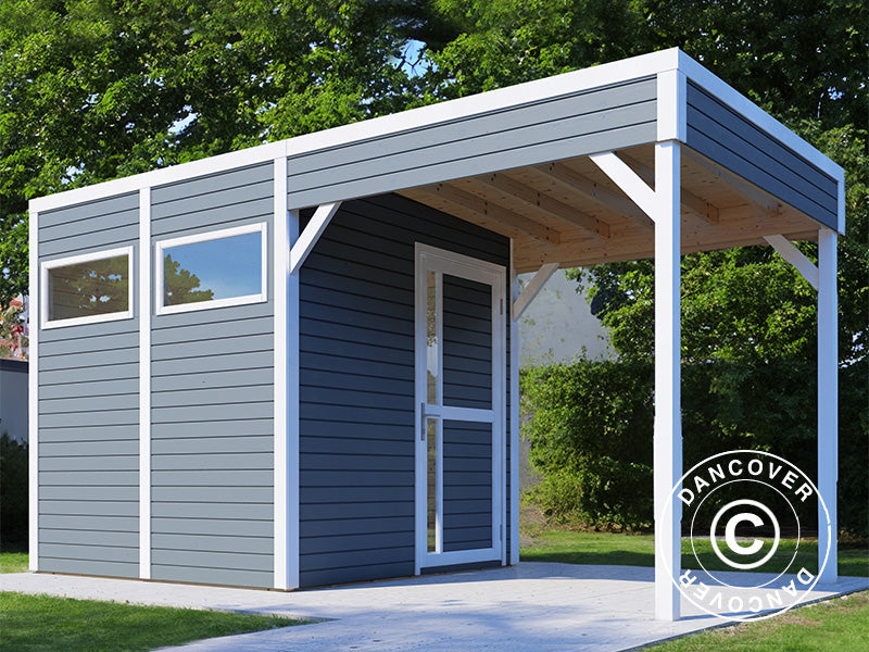 Wooden shed w/overhang, Bertilo Cubus 2L, 4.49x2.34x2.32 m, 5.1 m²+ 5.15 m², Grey