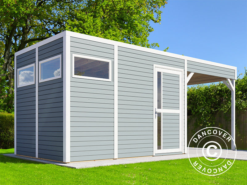 Wooden shed w/overhang, Bertilo Cubus 3L, 5.58x2.34x2.32 m, 7.65 m²+5.15 m², Grey