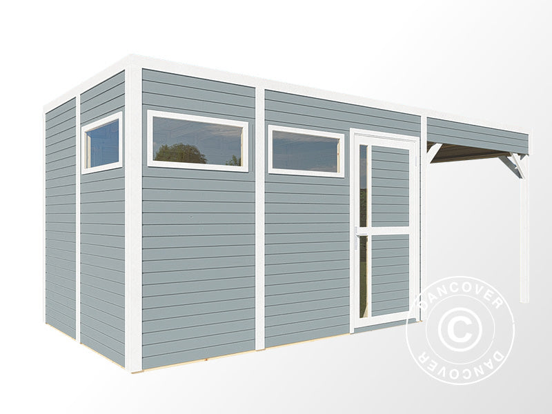Abri en bois avec surplomb, Bertilo Cubus 3L, 5,58x2,34x2,32m, 7,65m²+5,15m², Gris