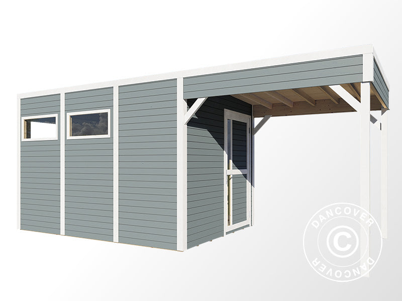 Wooden shed w/overhang, Bertilo Cubus 3L, 5.58x2.34x2.32 m, 7.65 m²+5.15 m², Grey