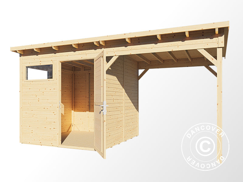 Wooden shed w/overhang, Bertilo Pentus 2L, 4.49x2.34x2.33 m, 5.1 m²+5.1 m², Natural