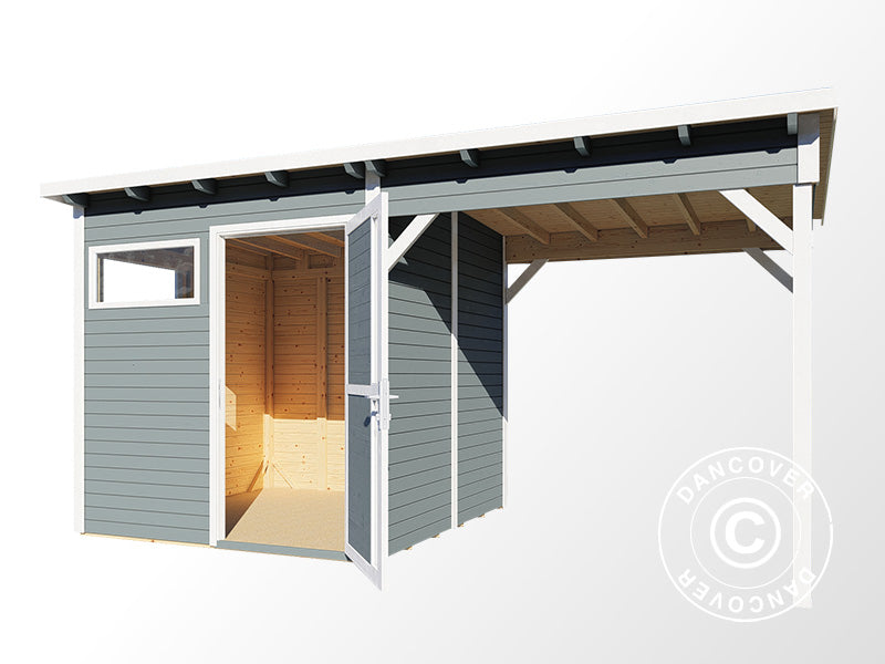 Puinen vaja lipalla, Bertilo Pentus 2L, 4,49x2,34x2,33m, 5,1m²+5,1m², Harmaa