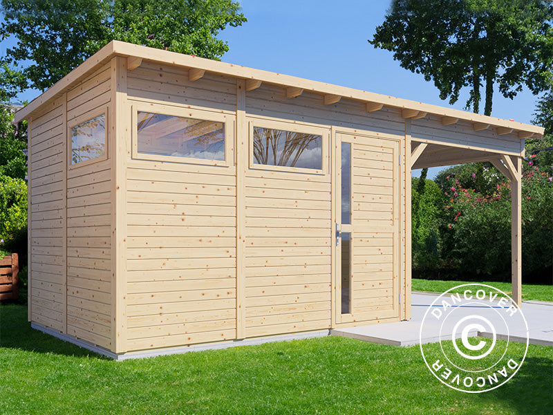 Wooden shed w/overhang, Bertilo Pentus 3L, 5.58x2.34x2.33 m, 7.65 m²+5.15 m², Natural