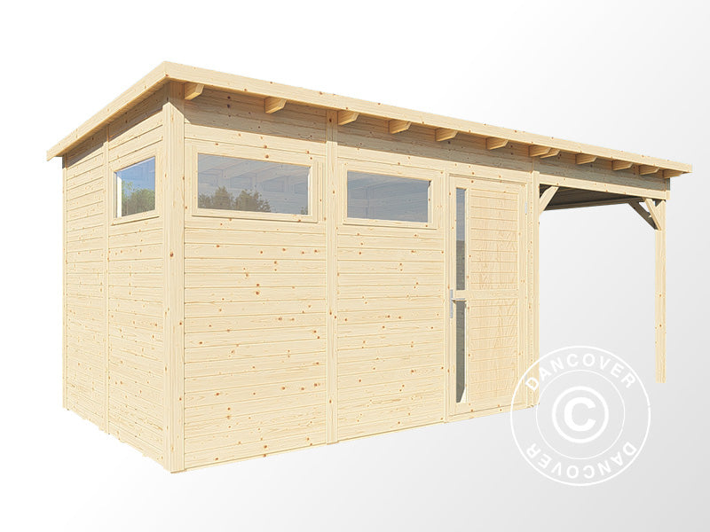 Wooden shed w/overhang, Bertilo Pentus 3L, 5.58x2.34x2.33 m, 7.65 m²+5.15 m², Natural