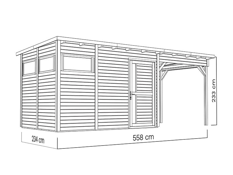 Abri en bois avec surplomb, Bertilo Pentus 3L, 5,58x2,34x2,33m, 7,65m²+5,15m², Naturel