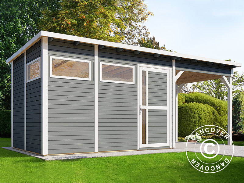 Wooden shed w/overhang, Bertilo Pentus 3L, 5.58x2.34x2.33 m, 7.65 m²+5.15 m², Grey