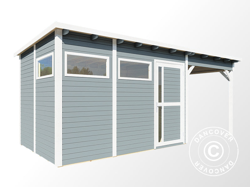 Holzschuppen mit Vordach, Bertilo Pentus 3L, 5,58x2,34x2,33m, 7,65m²+5,15m², Grau