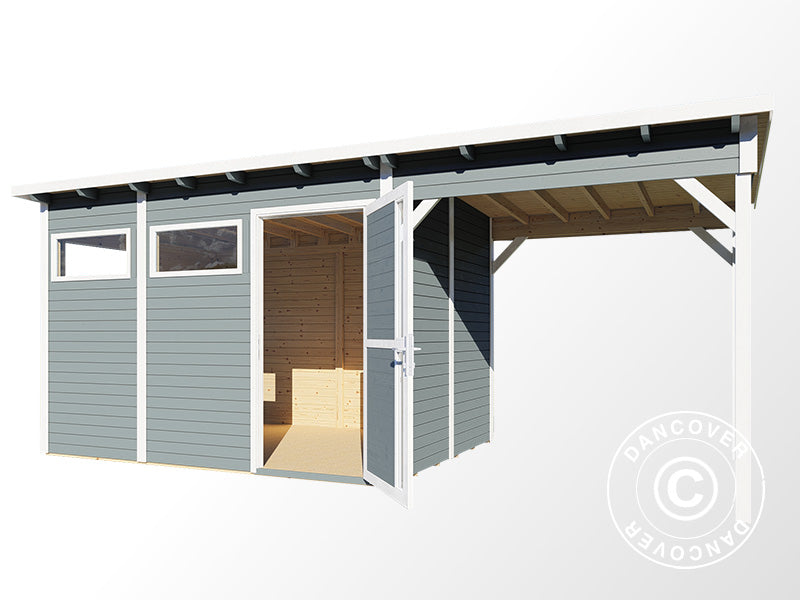 Wooden shed w/overhang, Bertilo Pentus 3L, 5.58x2.34x2.33 m, 7.65 m²+5.15 m², Grey
