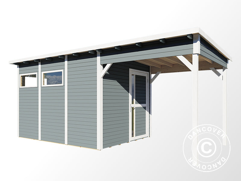 Wooden shed w/overhang, Bertilo Pentus 3L, 5.58x2.34x2.33 m, 7.65 m²+5.15 m², Grey