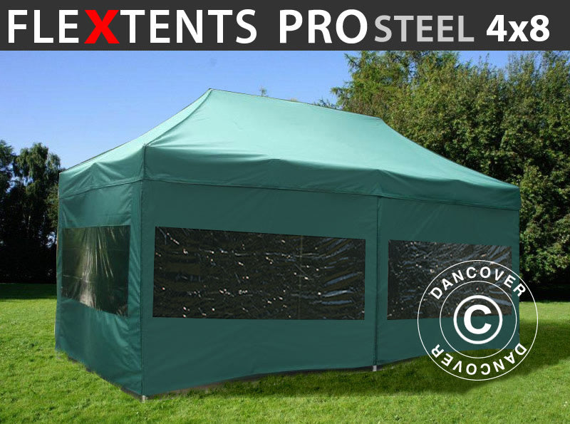 Saliekamā nojume FleXtents PRO Steel 4x8m Zaļš, ar 6 sānu sienām