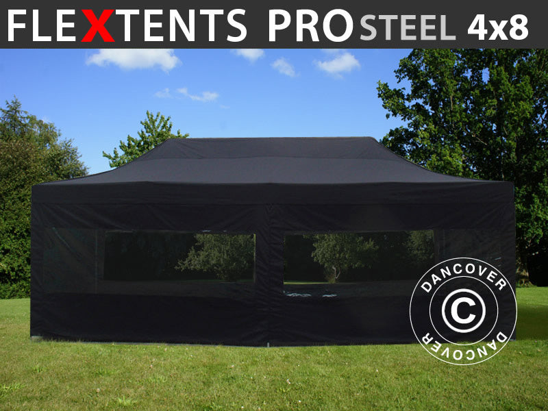 Prekybinė palapinė FleXtents PRO Steel 4x8m Juoda, įsk. 6 šonines sienas