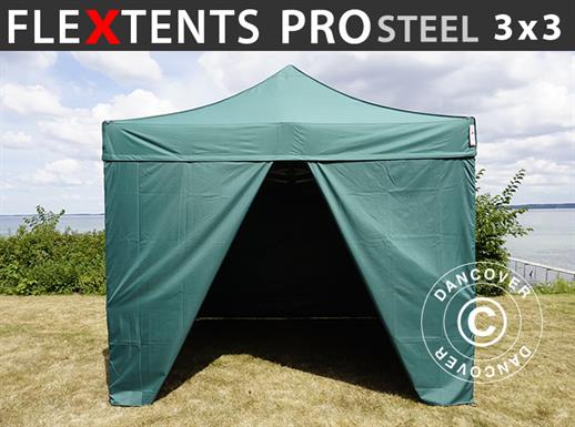 Quick-up telt FleXtents PRO Steel 3x3m Grønn, inkl. 4 sider