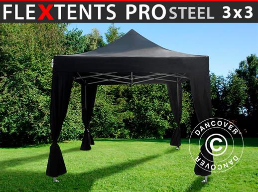Snabbtält FleXtents PRO Steel 3x3m Svart, inkl. 4 dekorativa gardiner