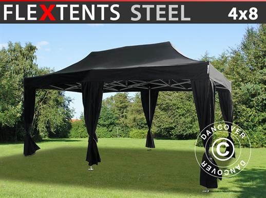 Namiot Ekspresowy FleXtents Steel 4x8m Czarny, zawierający 6 ozdobnymi kurtynami