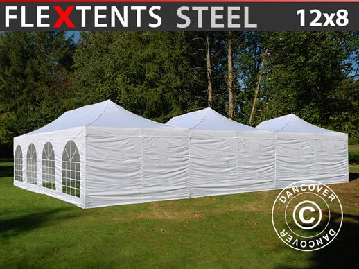 Quick-up telt FleXtents® Steel 12x8m Hvit, inkl. 8 sidevegger