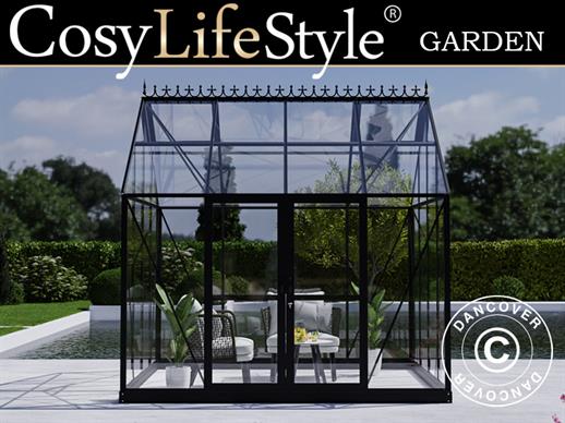 Orangeri/drivhus glas 8,9m², 3,01x2,99x2,95m m/sokkel og tagudsmykning, Sort