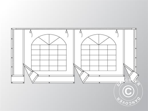 Päätyseinä suurella ikkunalla ja leveällä ovella, 5m, PVC, Valkoinen/Harmaa