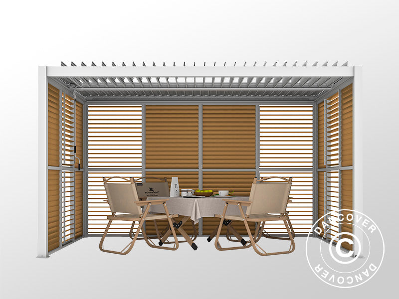 Paroi avec persiennes pour pergola bioclimatique San Pablo, 1,23x2,175m, Finition bois/Blanc