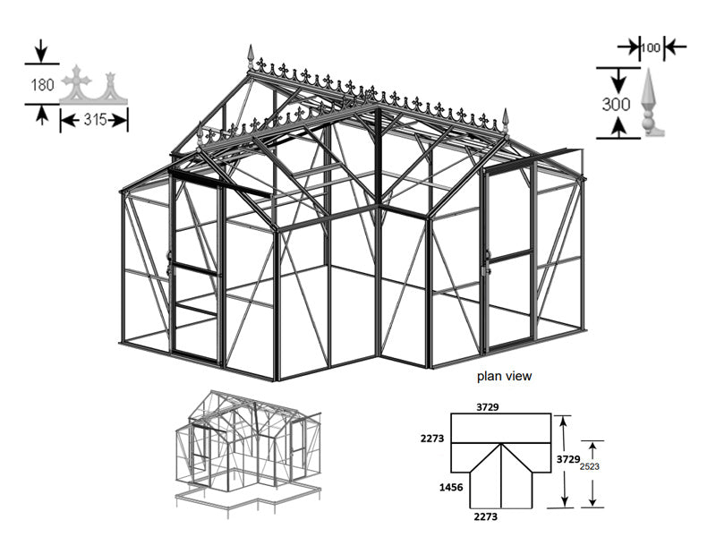 Dekoratīva jumta kore ziemas dārzam 3,73x3,73x2,32m, Melna