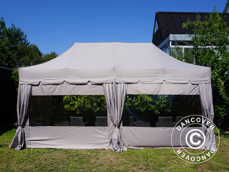 Faltzelt FleXtents PRO "Peaked" 3x6m Latte, mit 6 Seitenwänden und 6 dekorative Gardinen