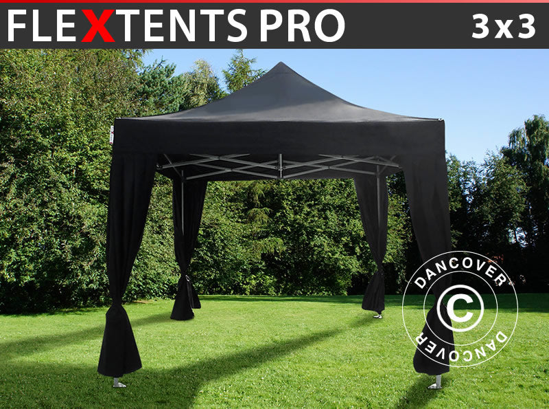 Vouwtent FleXtents PRO 3x3m Zwart, incl. 4 decoratieve gordijnen