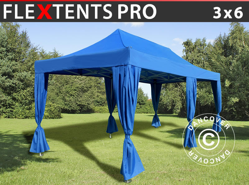 Prekybinė palapinė FleXtents PRO 3x6m Mėlyna, įsk. 6 dekoratyvinėmis užuolaidomis