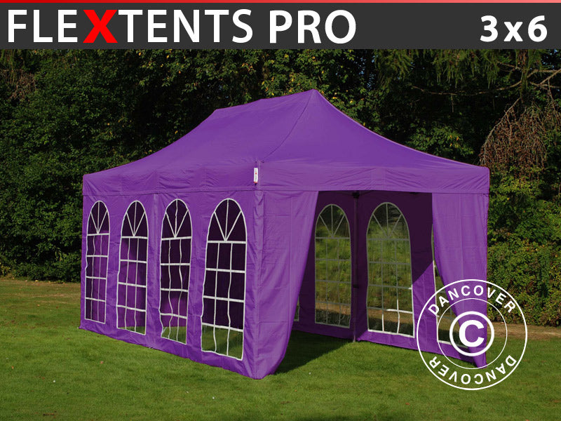 Faltzelt FleXtents PRO Vintage Style 3x6m Lila, mit 6 Seitenwänden