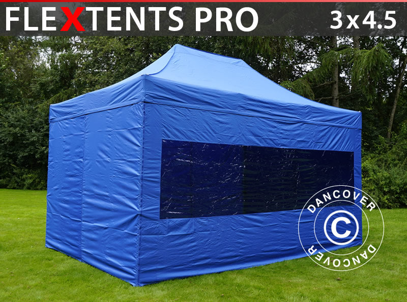 Faltzelt FleXtents PRO 3x4,5m Blau, mit 4 Seitenwänden