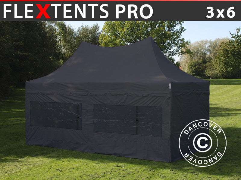 Faltzelt FleXtents PRO Peak Pagoda 3x6m Schwarz, mit 6 Seitenwänden