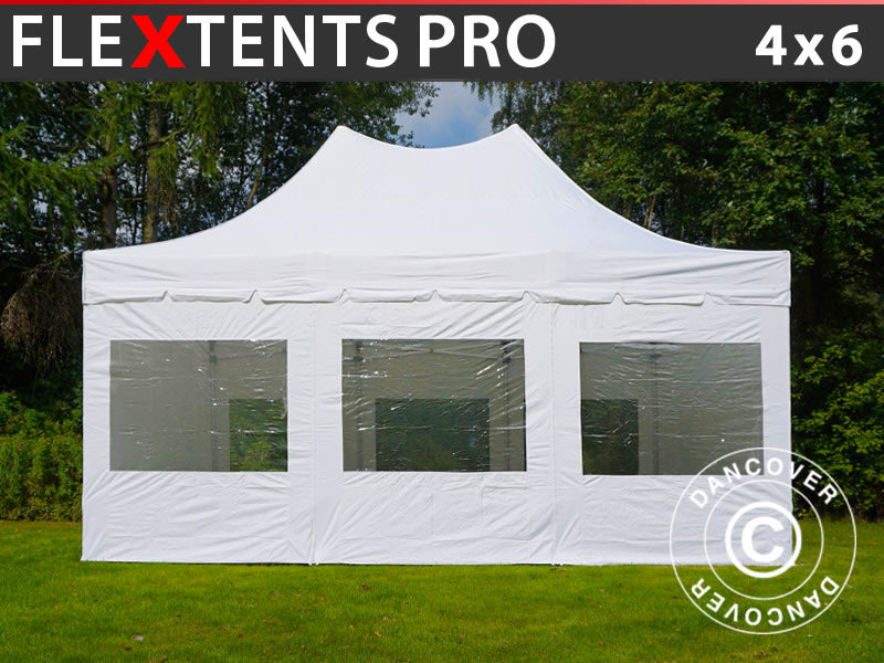 Tente pliante FleXtents PRO Peak Pagoda 4x6m Blanc, Incl. 8 parois latérales