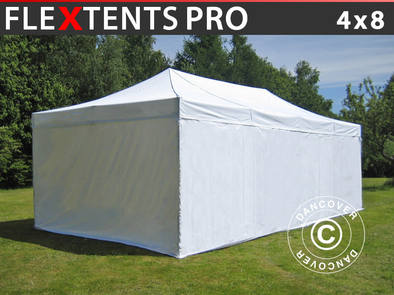 Faltzelt FleXtents PRO 4x8m Weiß, mit 6 Seitenwänden