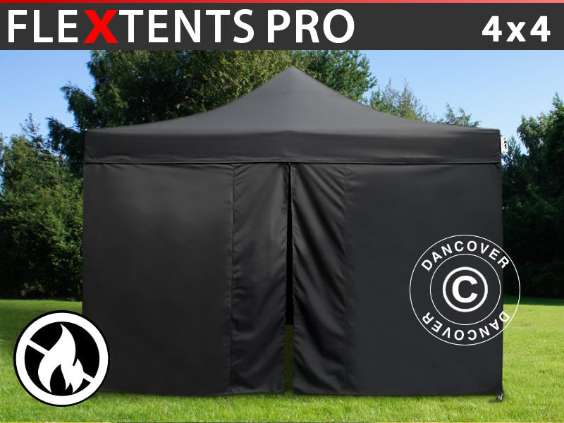 Tente pliante FleXtents PRO 4x4m Noir, Ignifugé, avec 4 cotés