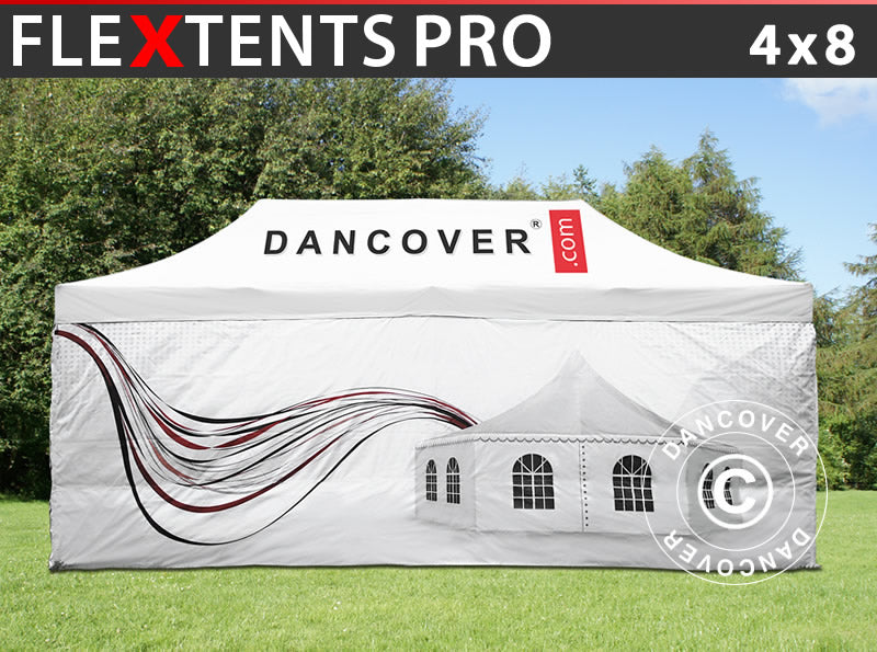 Faltzelt FleXtents PRO mit vollflächigem Digitaldruck, 4x8m, mit 4 Seitenwänden
