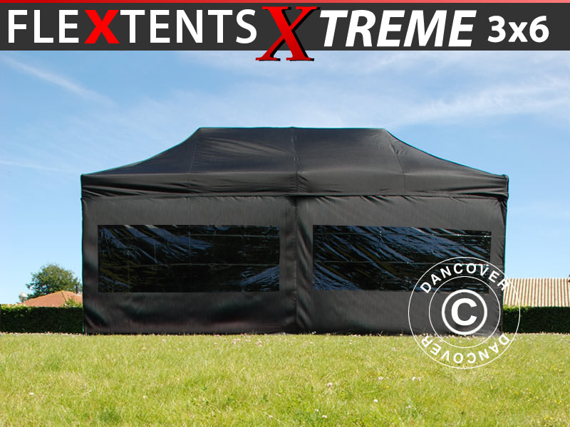 Vouwtent FleXtent Xtreme 60 3x6m Zwart, inkl. 6 Zijwanden