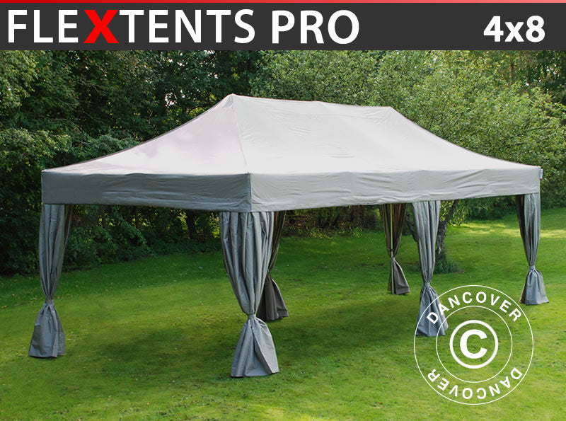 Prekybinė palapinė FleXtents PRO 4x8m Latte, įsk. 6 dekoratyvinėmis užuolaidomis