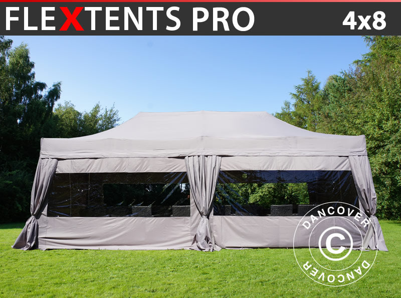 Vouwtent FleXtents PRO 4x8m Latte, inkl. 6 zijwanden & decoratieve gordijnen