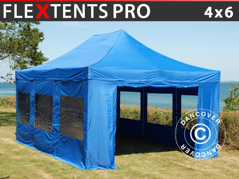 Vouwtent FleXtents PRO 4x6m Blauw, inkl. 8 zijwanden