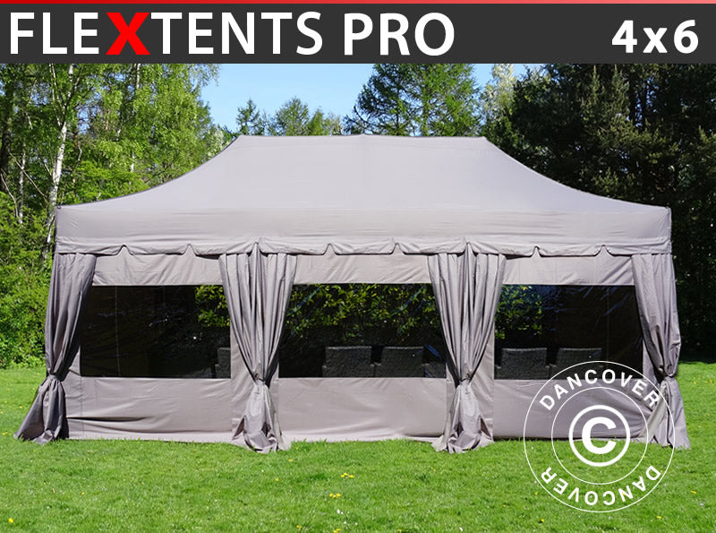 Carpa plegable FleXtents PRO "Peaked" 4x6m Latte, incl. 8 lados & cortinas decorativas
