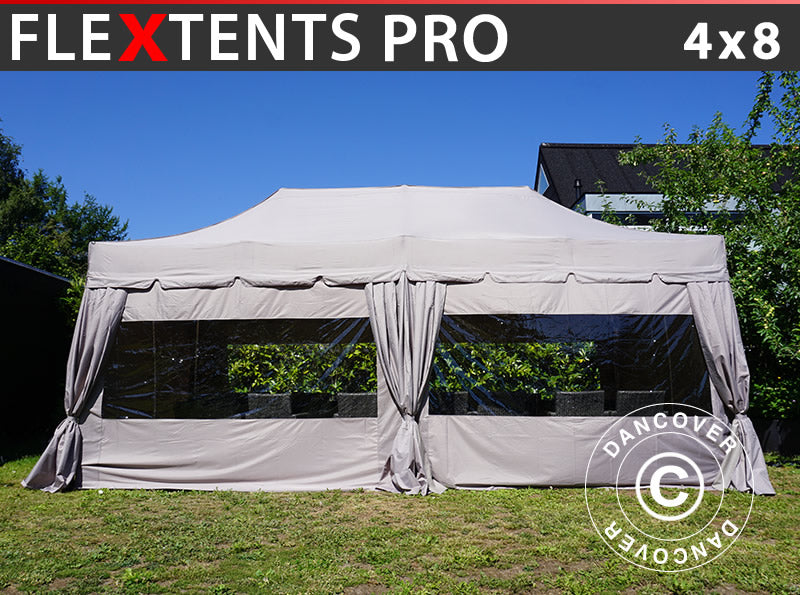 Vouwtent FleXtents PRO "Peaked" 4x8m Latte, incl. 6 zijwanden en 6 decoratieve gordijnen
