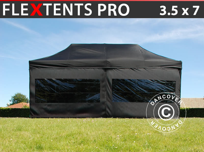 Faltzelt FleXtents PRO 3,5x7m Schwarz, mit 6 Seitenwänden
