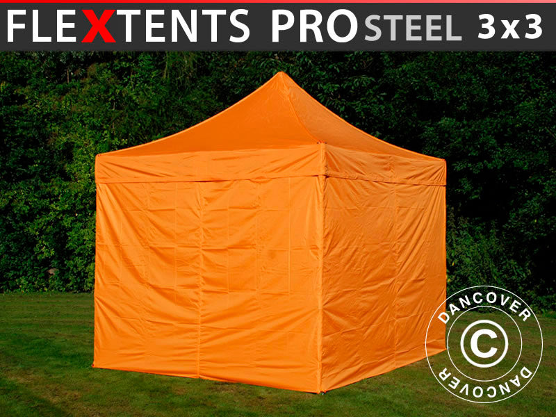 Tente pliante FleXtents PRO Steel 3x3m Orange, avec 4 cotés