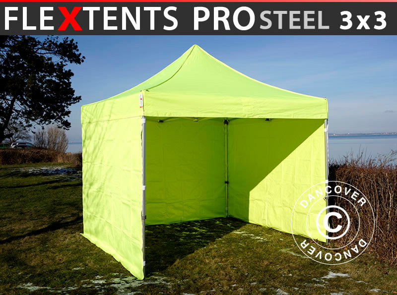 Vouwtent FleXtents PRO Steel 3x3m Neon geel/groen, inkl. 4 Zijwanden NOG SLECHTS 1 ST.
