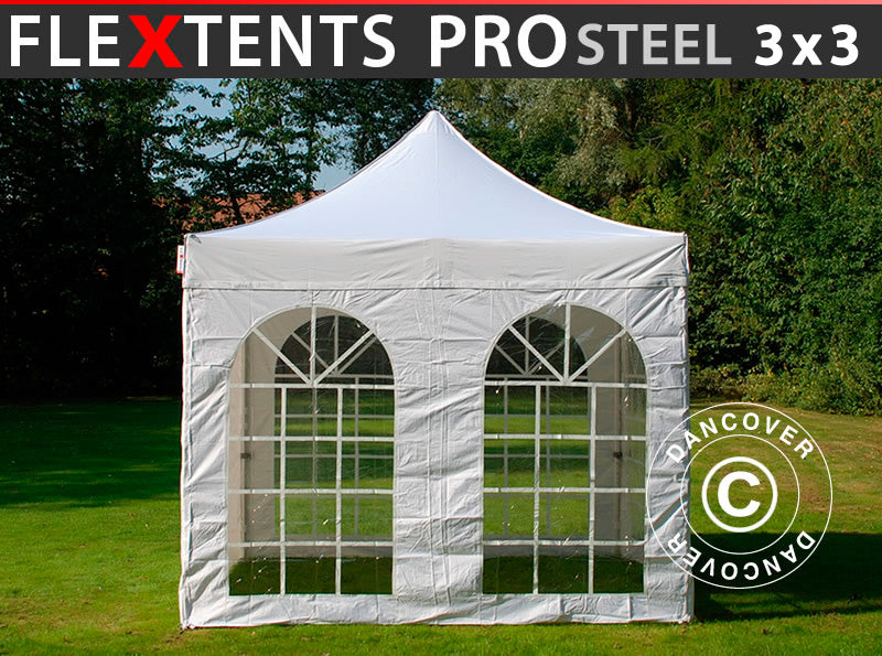 Saliekamā nojume FleXtents PRO Steel Vintage Style 3x3m Balts, ar 4 sānu sienām