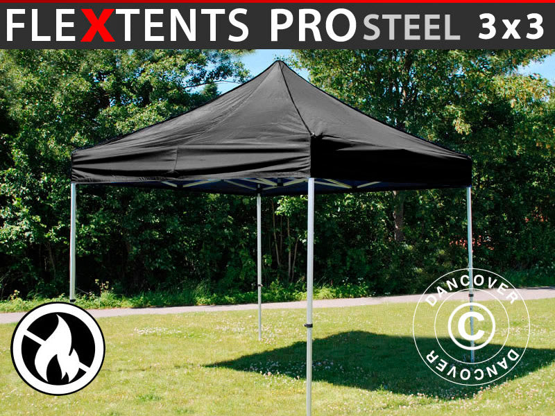 Gazebo pieghevole FleXtents PRO Steel 3x3m Nero, Ignifugo