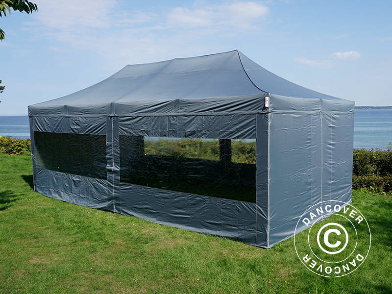 Prekybinė palapinė FleXtents PRO Steel 4x8m Pilka, įsk. 6 šonines sienas