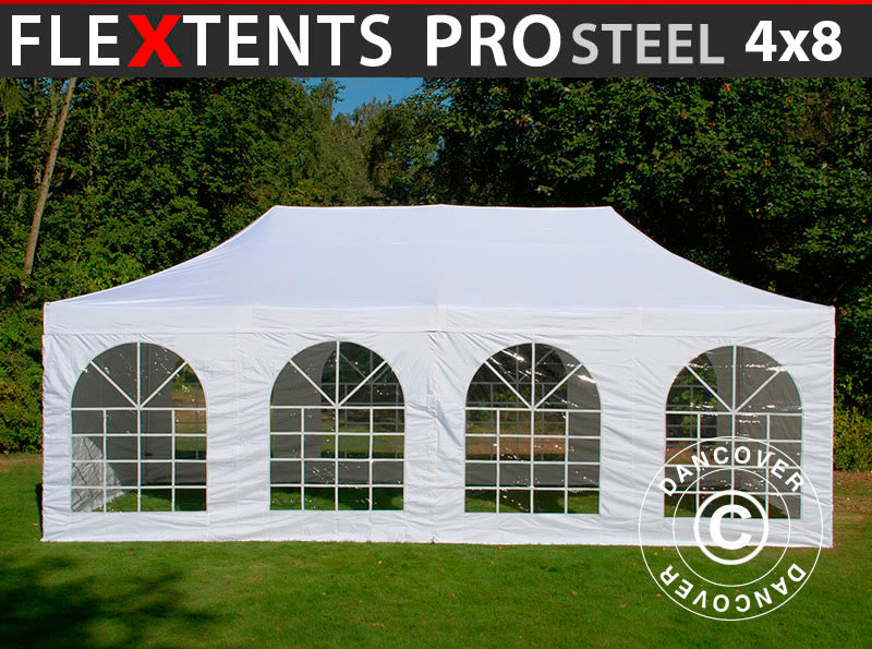 Saliekamā nojume FleXtents PRO Steel Vintage Style 4x8m Balts, ar 6 sānu sienām