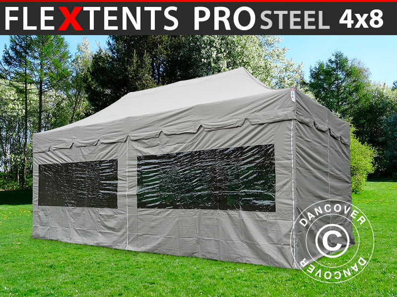Saliekamā nojume FleXtents PRO Steel "Peaked" 4x8m Latte, ar 6 sānu sienām