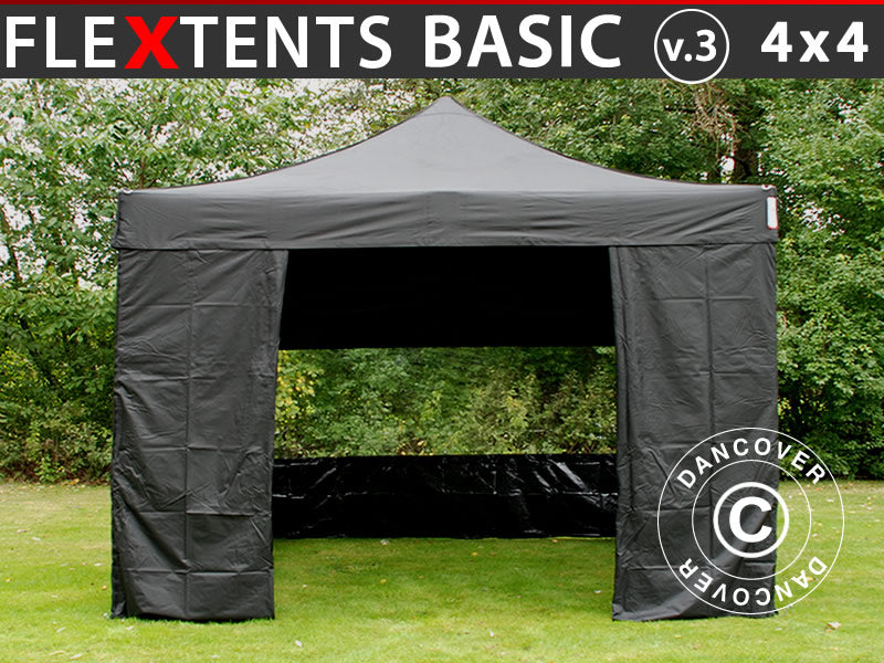 Pop up aiatelk FleXtents Basic v.3, 4x4m Must, kaasas 4 külgseinad